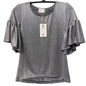 Mia Joy Joyfolie Payton Top Girls 14 NWT Metallic Silver Puff Sleeve Blouse